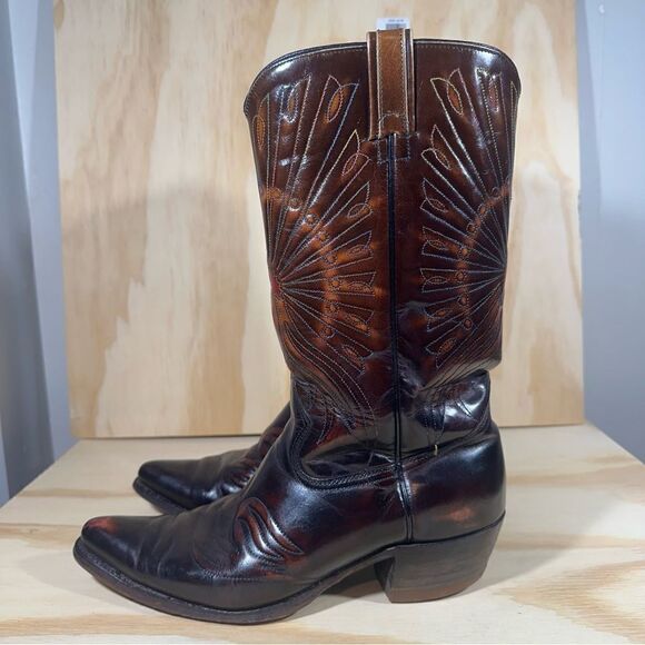 Vintage Texas Brand Brown Leather Stitched Peacock Cowboy Boots Men’s Size 9.5 D - Picture 1 of 12